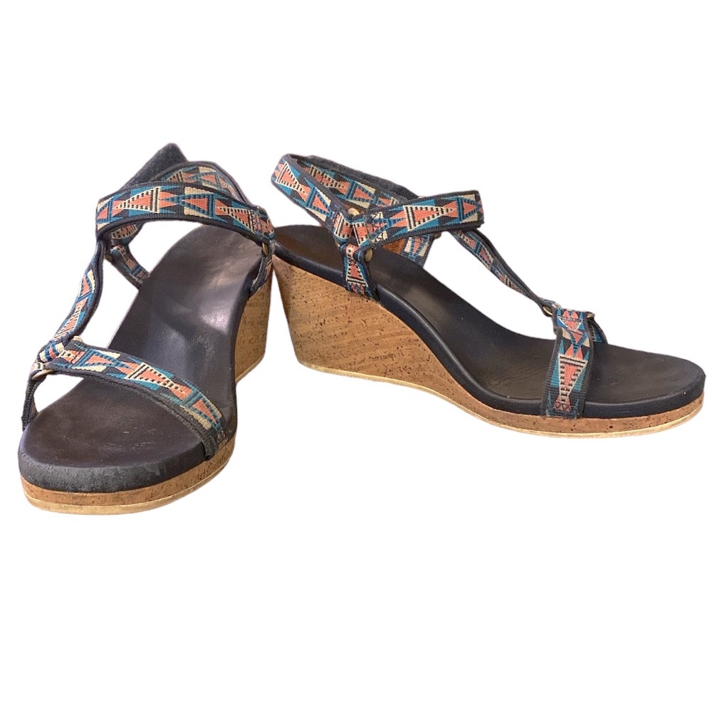 Teva Arabelle Wedge Sandal Nylon Velcro Strap Cork Heel Womens Size 9.5